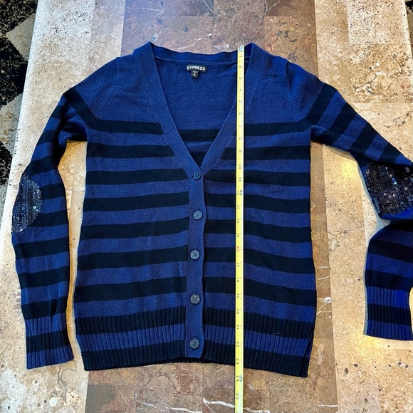 Women’s SZ S EXPRESS Royal blue and Black Striped V-Neck Sequin Elbow Cardigan - Picture 12 of 14